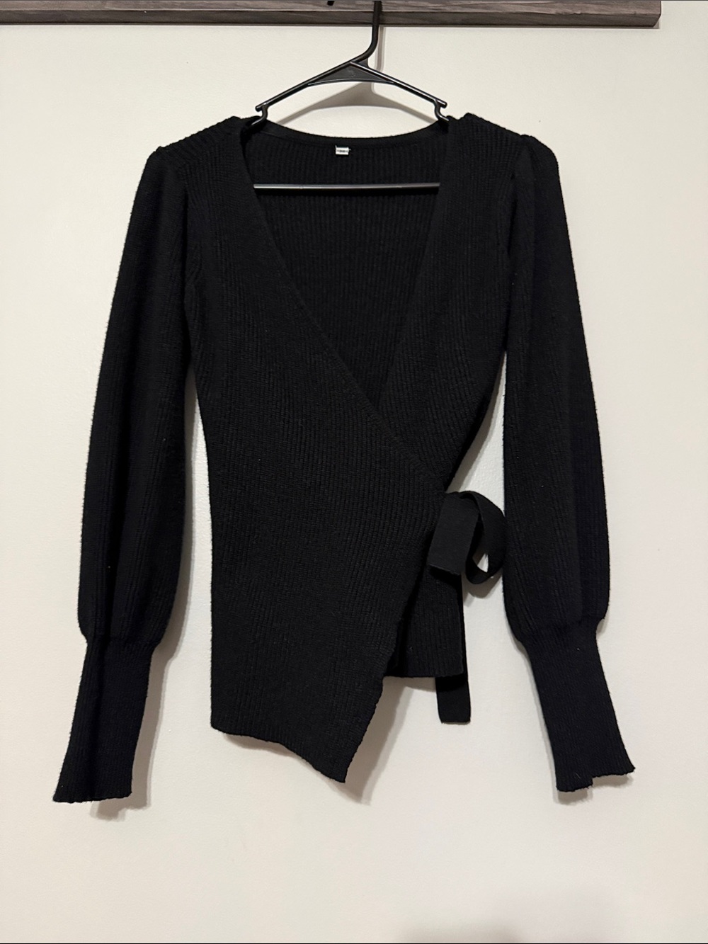 Black Wrap Ribbed Knit Sweater